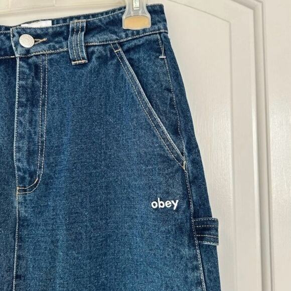 NEW Size 30 Obey Mid Rise Long Denim Embroidered Logo Cargo Juniper Midi Skirt - Picture 6 of 11
